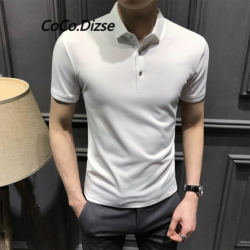 dizse夏季短袖纯色polo领衫男韩版潮流翻领t恤休闲修身新款冰丝半袖