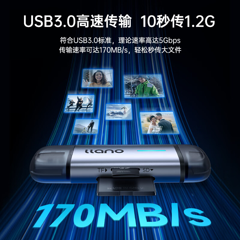 绿巨能（llano） USB/Type-C读卡器3.0高速SD/TF卡多功能合一单反相机佳能手机iPad行车记录仪监控存储内存卡