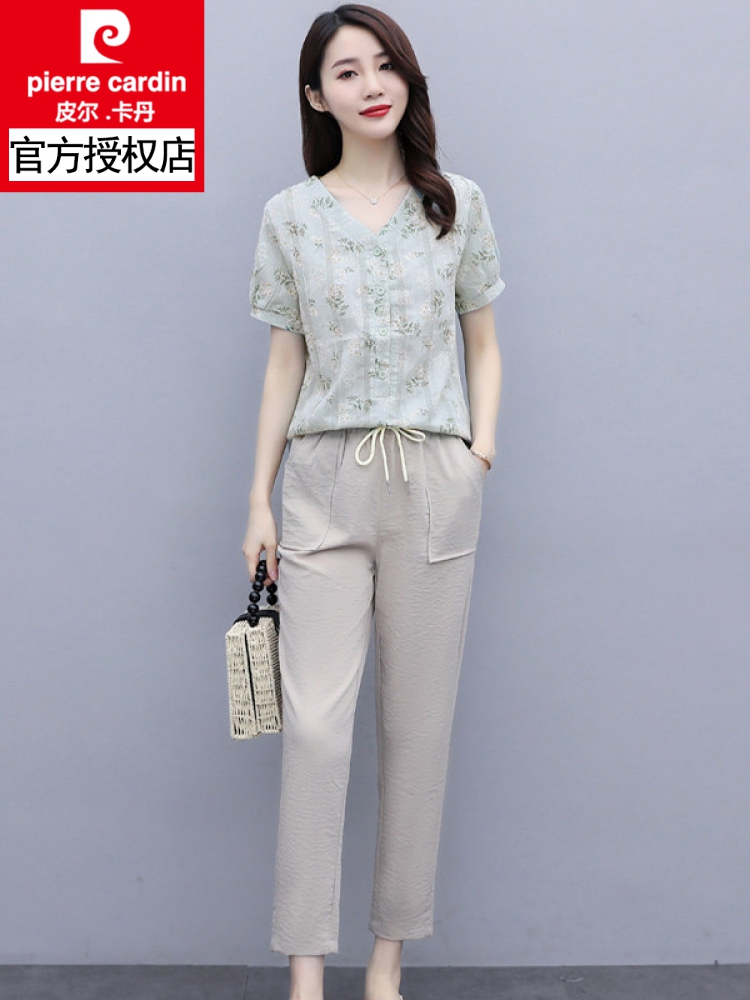 套装女2024夏季新款时尚休闲女装小个子洋气减龄两件套套装 绿衣杏裤