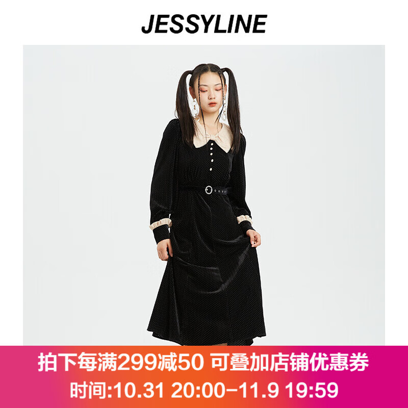 jessyline2021冬季专柜款 杰茜莱黑色气质优雅连衣裙 144211255 黑色 XS/155