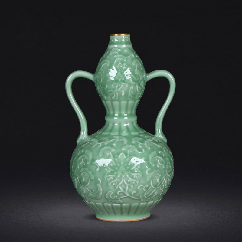 裂均 景德镇陶瓷器仿古描金雕刻青釉双耳葫芦瓶客厅家居装饰品摆件 配