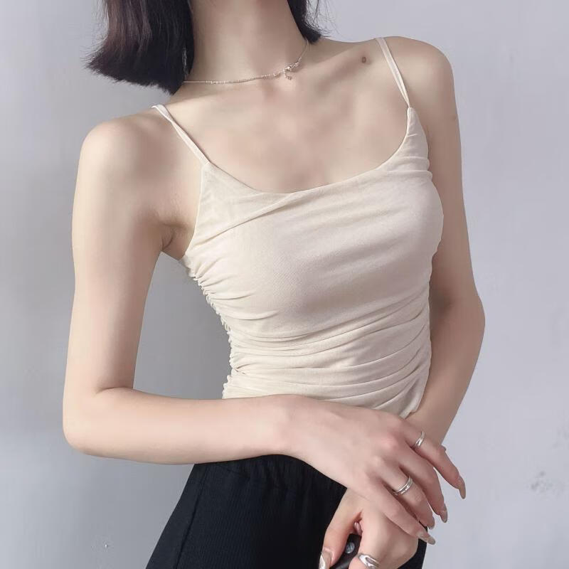 鹤舞清风绝美小吊带褶皱复古网纱背心外穿唯美法式可调节肩带打底上衣