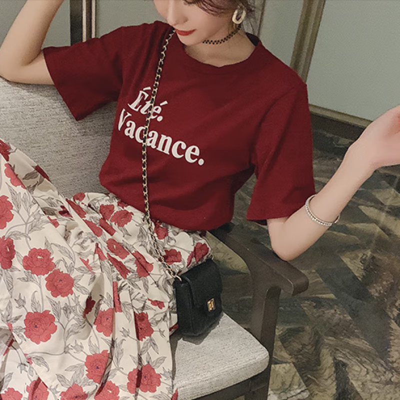 棉胖mm洋气碎花连衣裙显瘦两件套休闲时尚套装夏半身裙 单件上衣红色