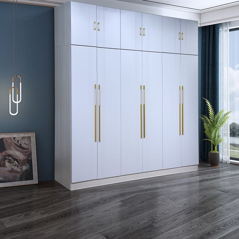 满居白色板式衣柜简约现代实木衣柜对开门收纳储物柜撞色拼色四门衣柜