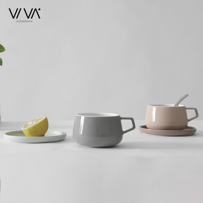 VIVA scandinavia咖啡杯耐高温陶瓷马克杯欧式简约家用拉花杯咖啡杯碟套装250ml 米黄色【杯+碟】【v79741】