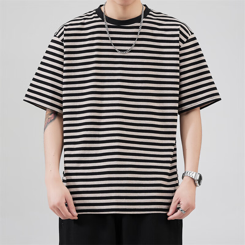 鲨梵度条纹短袖男生t恤日系简约休闲上衣夏季宽松ins潮流帅气半袖体恤