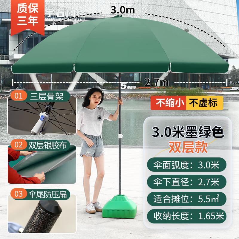 柯笙（kesheng）戶外遮陽傘大號擺攤傘地攤傘沙灘傘太陽傘防雨防曬雨棚廣告庭院傘 3.0米墨綠色【雙層防曬防風(fēng)款】 不含底座