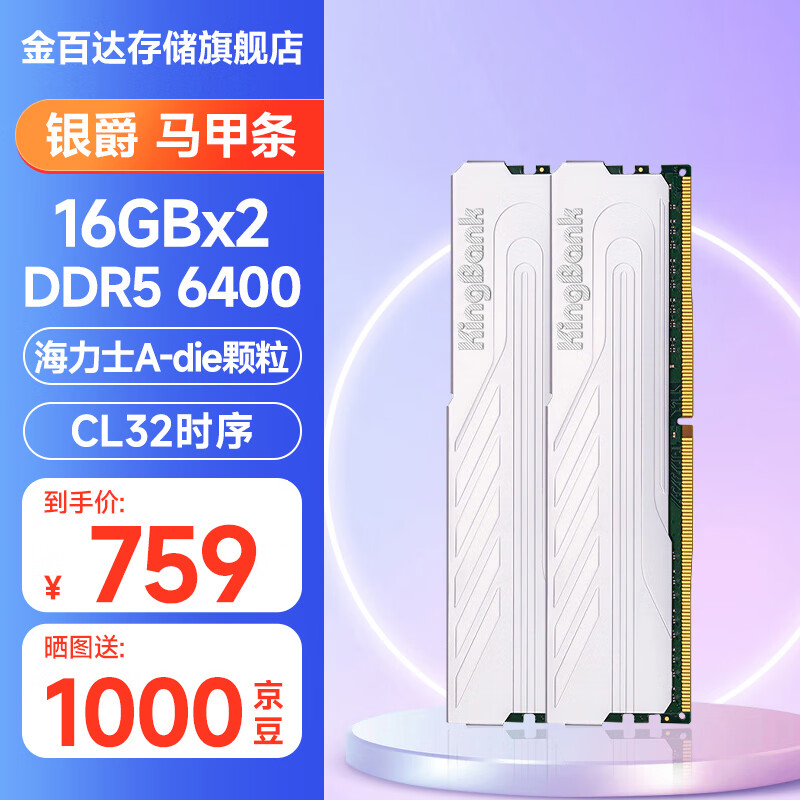 金百达（KINGBANK）DDR5内存银爵16G/32G/64G游戏电竞马甲内存银爵32G(16×2)6400海力士Adie