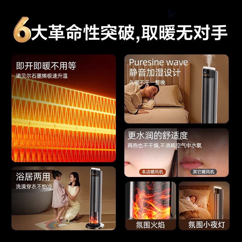 好意诗美国暖风机家用石墨烯取暖器办公室电暖气立式轻音节能浴室卧室全屋大面积升温冬季小太阳烤火炉 【语音数显款】即开即热丨语音远程遥控丨负离子加湿