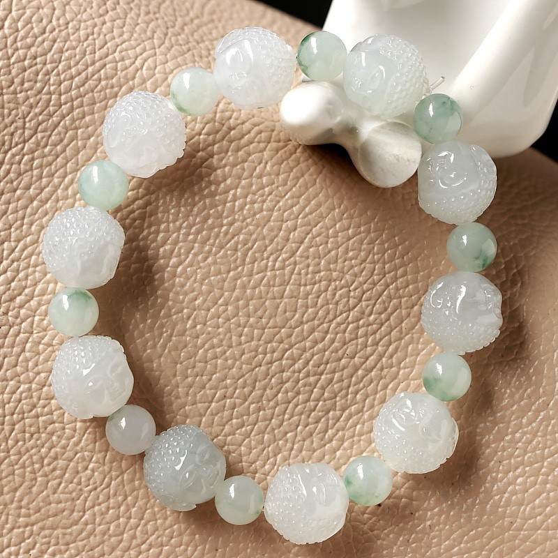 石之富缅甸天然翡翠a货冰种佛头手串手链48.70克