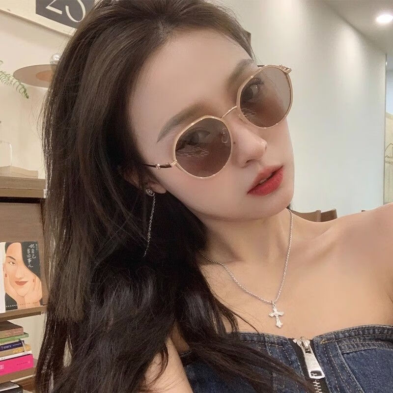 亮视 防晒墨镜女奶茶色新款潮圆脸显白显瘦ins网红韩版太阳眼镜 芝士