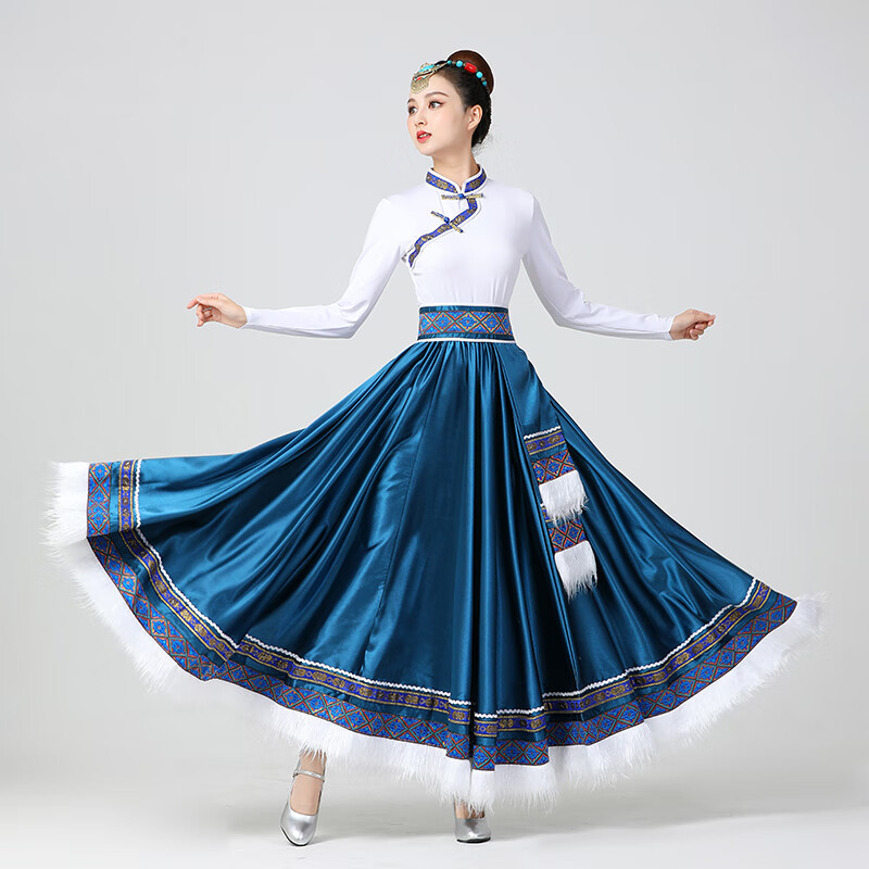 GUBPMTSHIM藏族舞蹈演出服裝廣場(chǎng)舞女半身裙民族風(fēng)表演服飾大擺裙藝考練習(xí)裙 孔雀藍(lán)180度 單裙(精品) XL