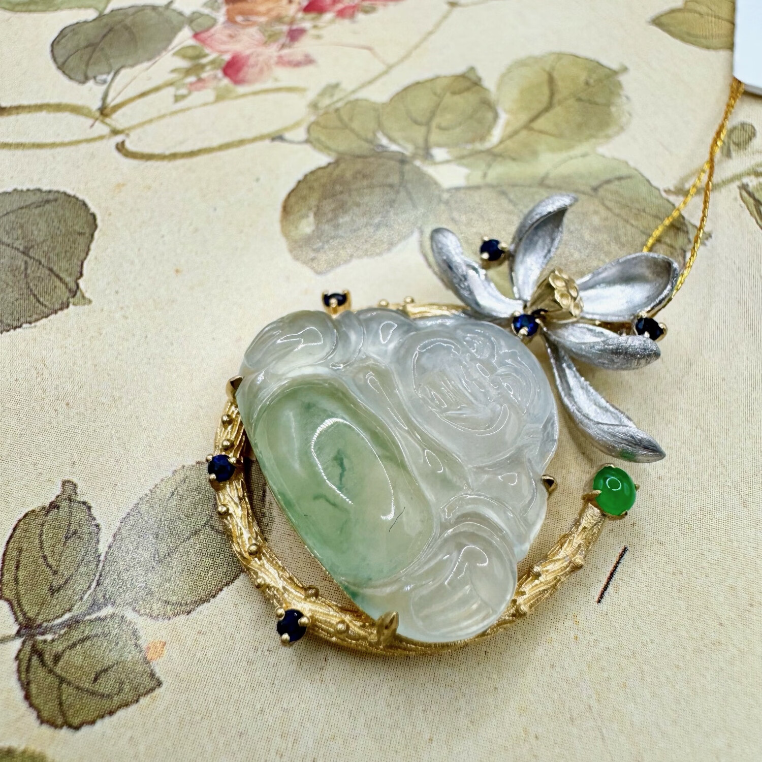 冰种翡翠a货花开见佛翡翠佛公吊坠k金蓝宝石吊坠送妈妈母亲节礼物 30