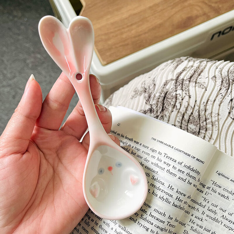 可爱卡通独角兽陶瓷调羹饭勺家用釉下彩少女心超萌 啵啵兔粉-小勺