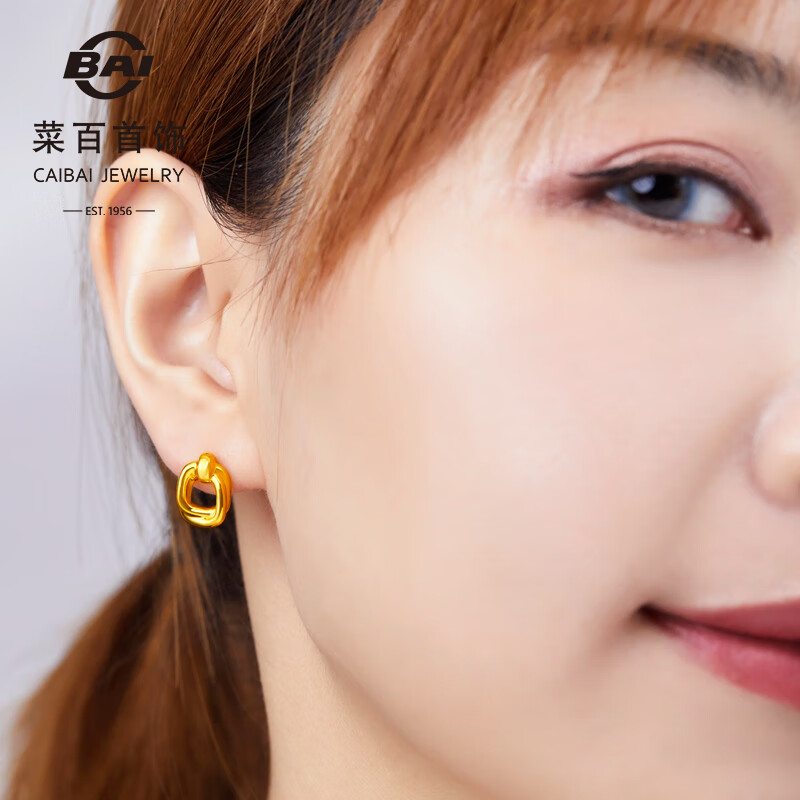 菜百首饰 黄金耳饰 足金复古轻奢5D几何方形耳钉 计价 约1.90克