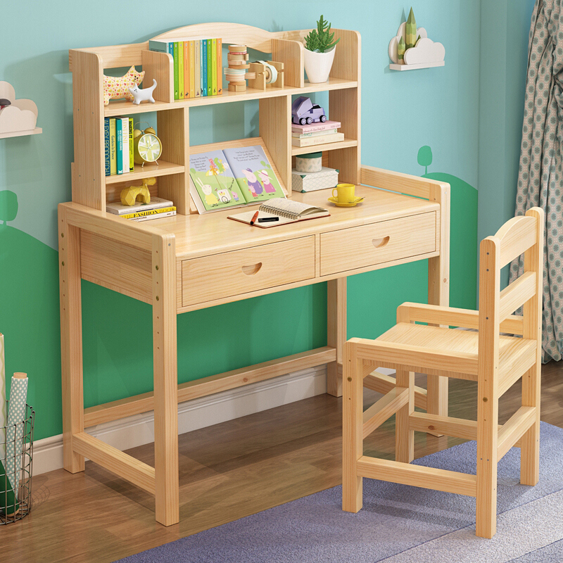 松木书桌学习桌书桌可升降实木写字桌椅套装小学生家用简约课桌作业桌