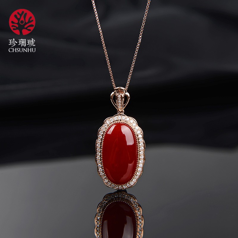 珍珊琥 珊瑚吊坠 高贵显雅致 玫瑰金镶嵌彩宝珠宝首饰