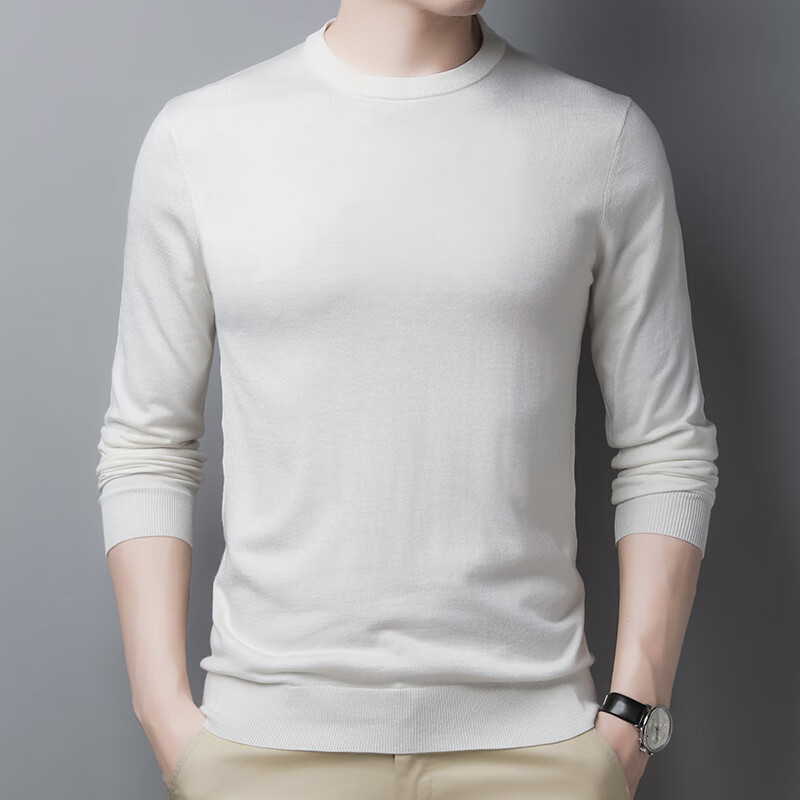 杜宾爵冬季羊绒衫男厚款休闲圆领针织羊绒衫男士秋装中年纯色上衣打底衫 奶白 165/80A