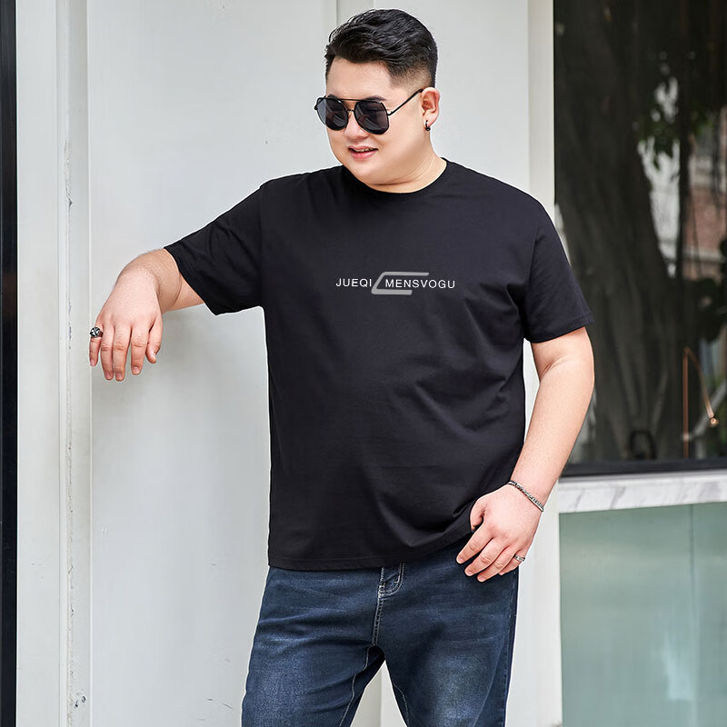 木南飞胖子男装大码加肥加大纯棉圆领宽松特体t恤短