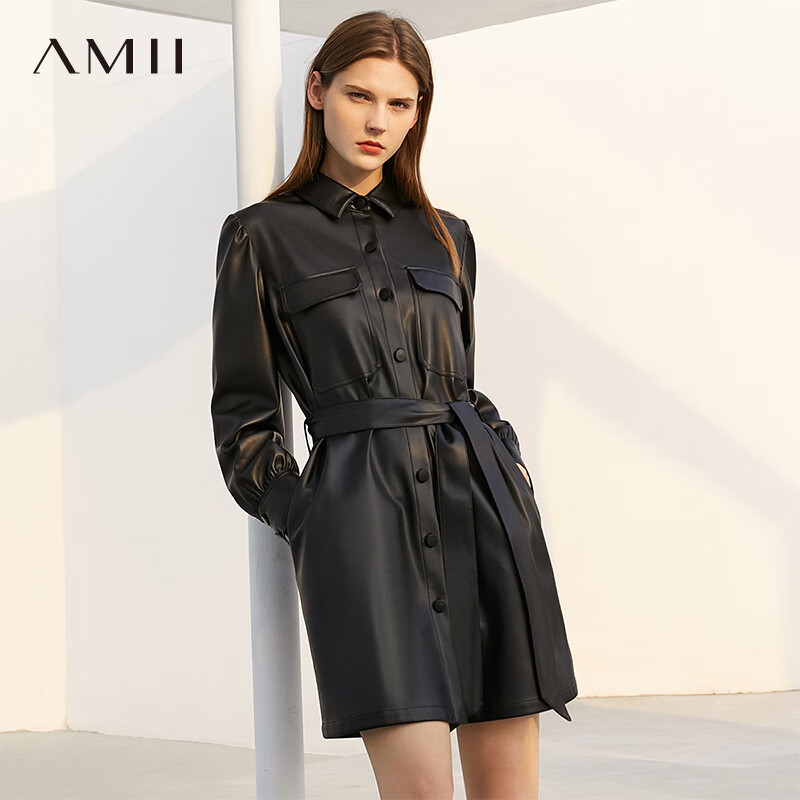 AMII2023秋新款飒爽时髦帅气翻领工装风配腰带PU皮衣女黑色上衣 黑色 160/84A/M使用感如何?