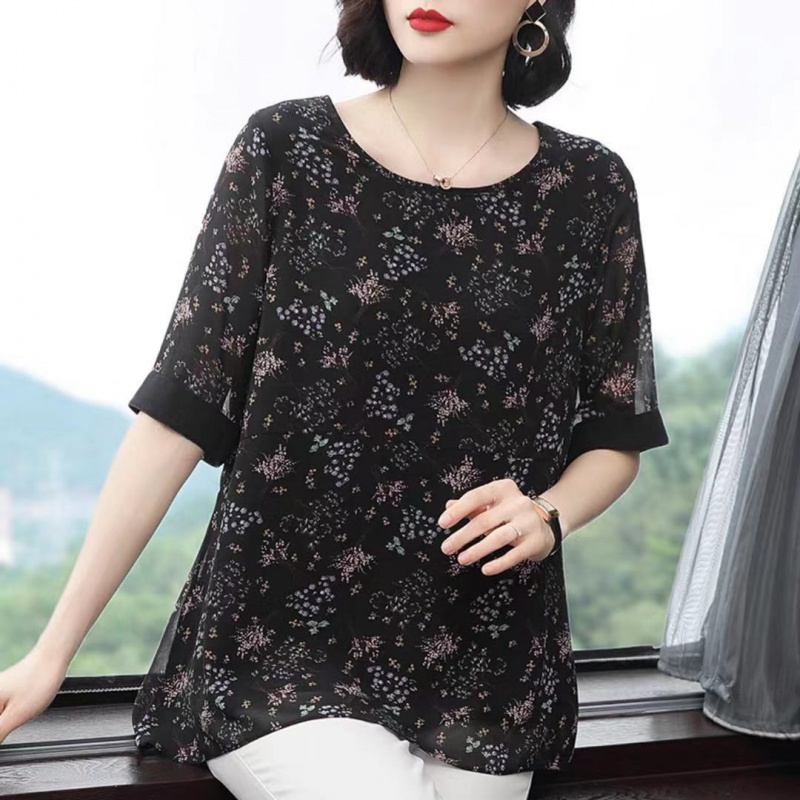中年夏装碎花中老女装2021新款宽松洋气短袖t恤大妈上衣 黑色碎花 l