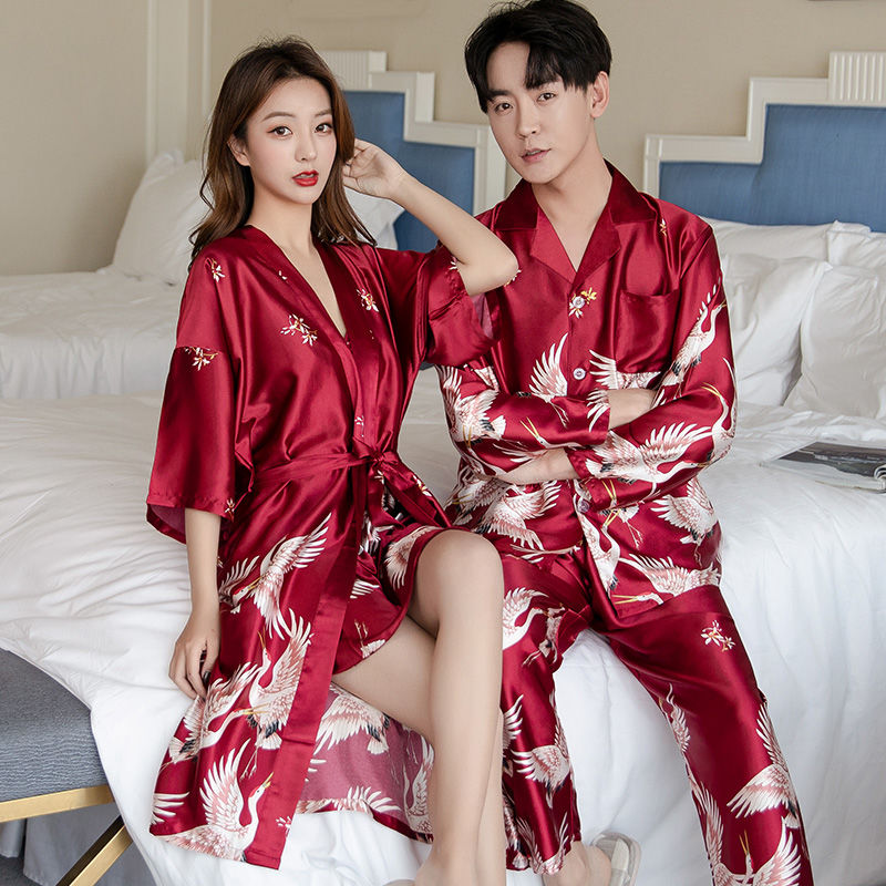 春夏季情侣睡衣丝绸长袖男女大红色结婚本命年喜庆冰丝睡袍套装夏