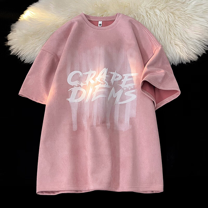 至唯 重磅发泡印花短袖t恤男士夏季新款潮牌青少年宽松麂皮绒半袖体恤 粉色 M【推荐90-110斤】