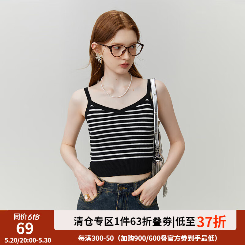 范思蓝恩23FS13360美式条纹吊带背心新款女短款无袖针织上衣 V领黑底白条纹 M