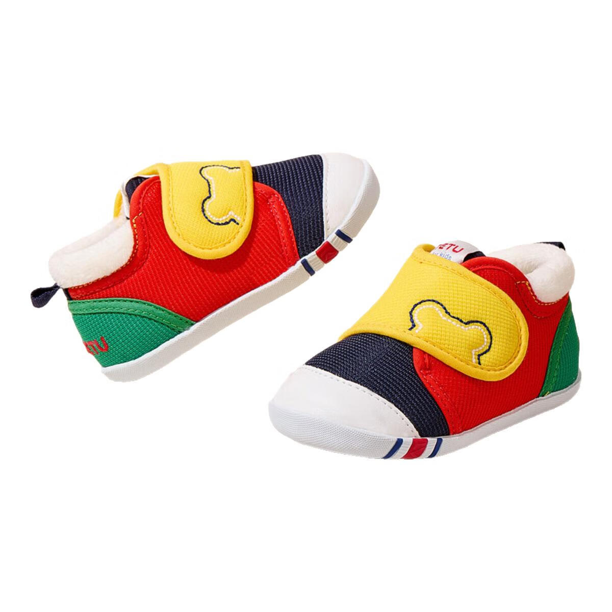 卡特兔婴儿学步鞋男童鞋儿童软底机能鞋加绒女童宝宝小童秋冬室内鞋 红黄蓝-秋冬加绒 19 内长12.0cm 脚长11.0-11.5