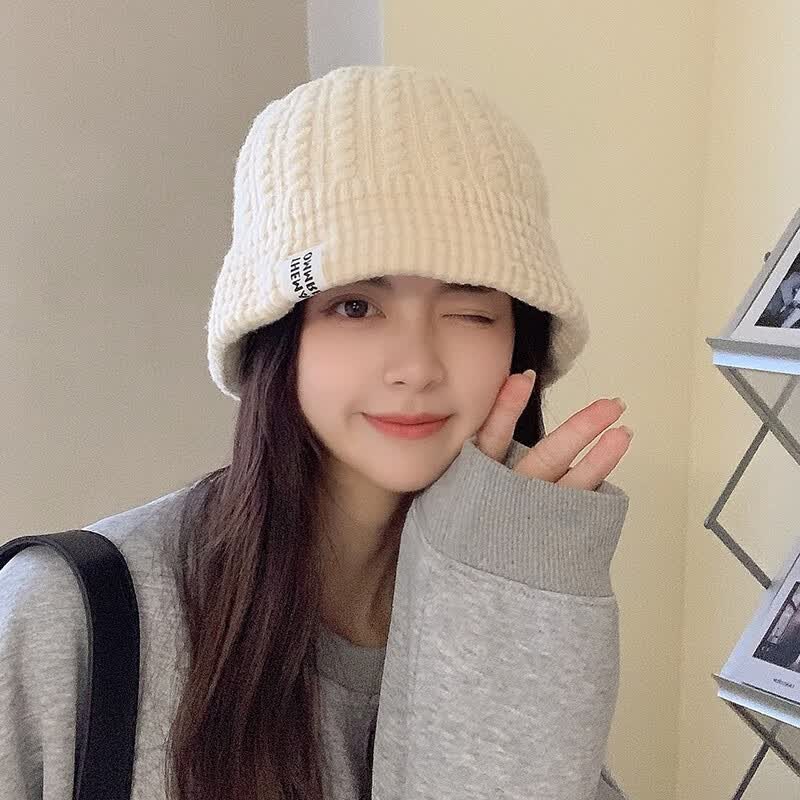 目丸帽子女秋冬韩版ins潮牌百搭毛线帽冷帽冬季保暖护耳大头针织帽男 米色 M(56-58cm)