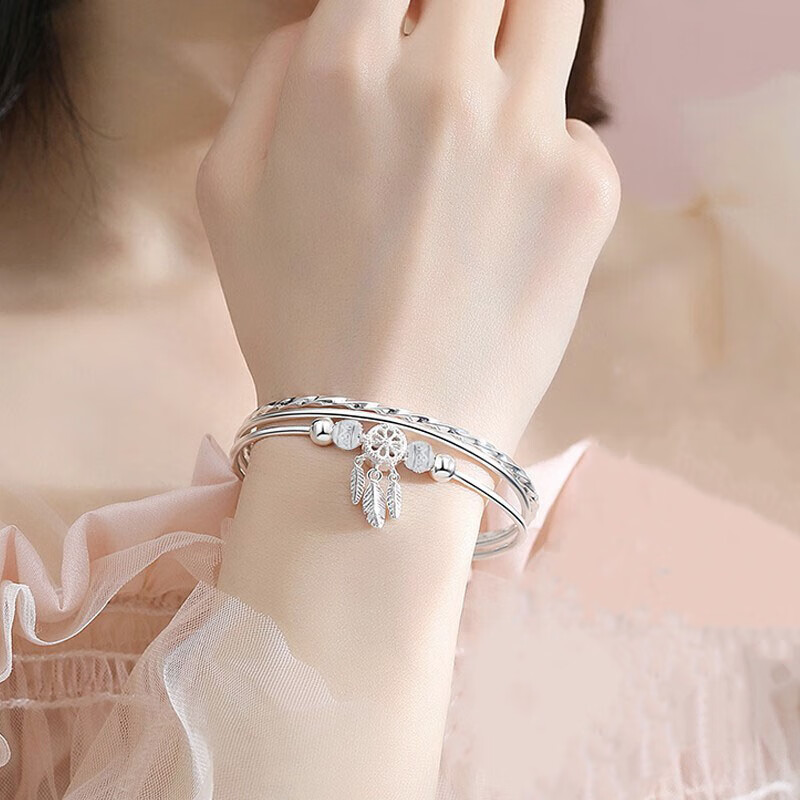 老银匠纯银手镯女S999三生三世足银镯子实心多圈年轻款送女友闺蜜礼物 三生三世流沙款(54mm)