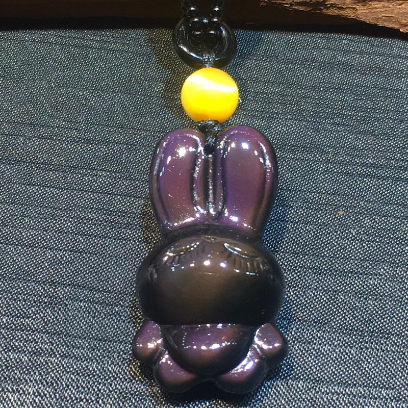 彩眼黑曜石卡通流氓兔吊坠男女款项链饰品礼物