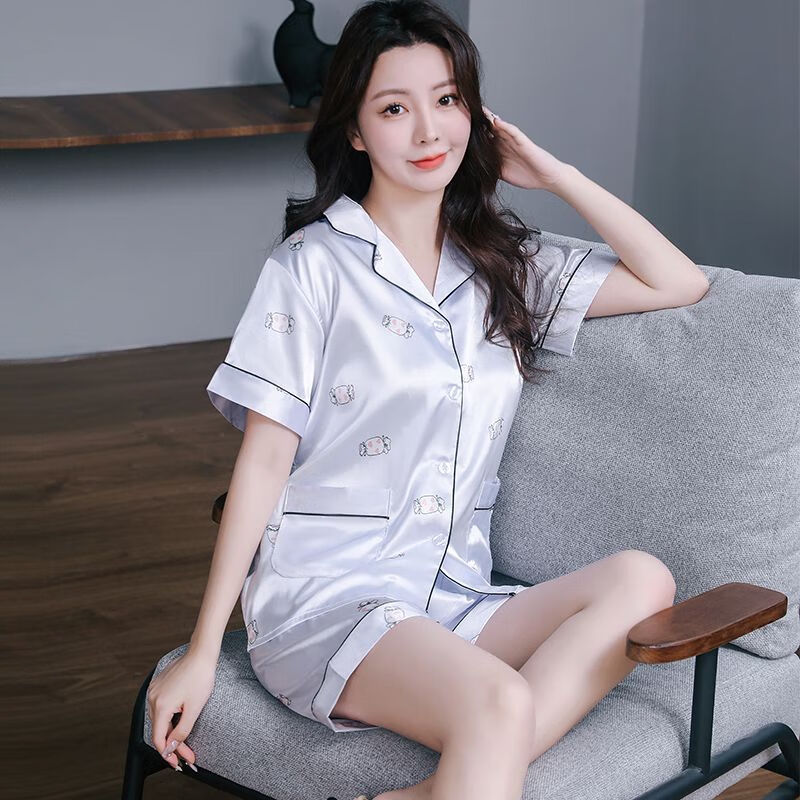 莫代尔睡衣女冰丝宽松卡通套装开衫短袖短裤夏季女士家居服可外穿年轻 SCX盈盈黄梨香-双短 XL (120-138斤)