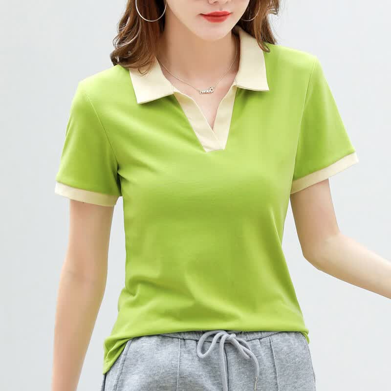 撞色翻领polo衫短袖t恤女夏装新款修身潮小众短上衣50越 绿色 s