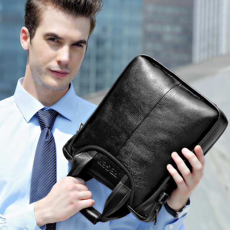 斐格男士手提包真皮商务公文包男包单肩斜挎包男士肩包手提文件包礼物 黑色大号(真皮/竖款) 竖款