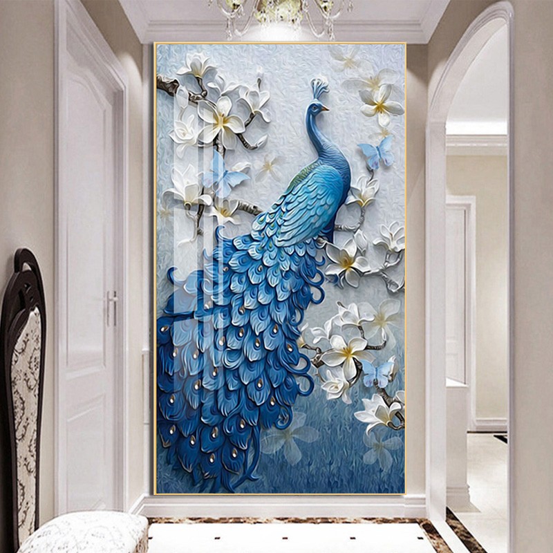 画中画新中式玄关装饰画吉祥孔雀入户走廊过道挂画壁画餐厅竖版晶瓷墙