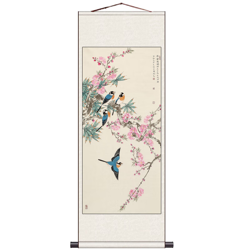 名家国画卷轴画丝绸字画书房客厅装饰招财花鸟画早春竟艳桃花四喜