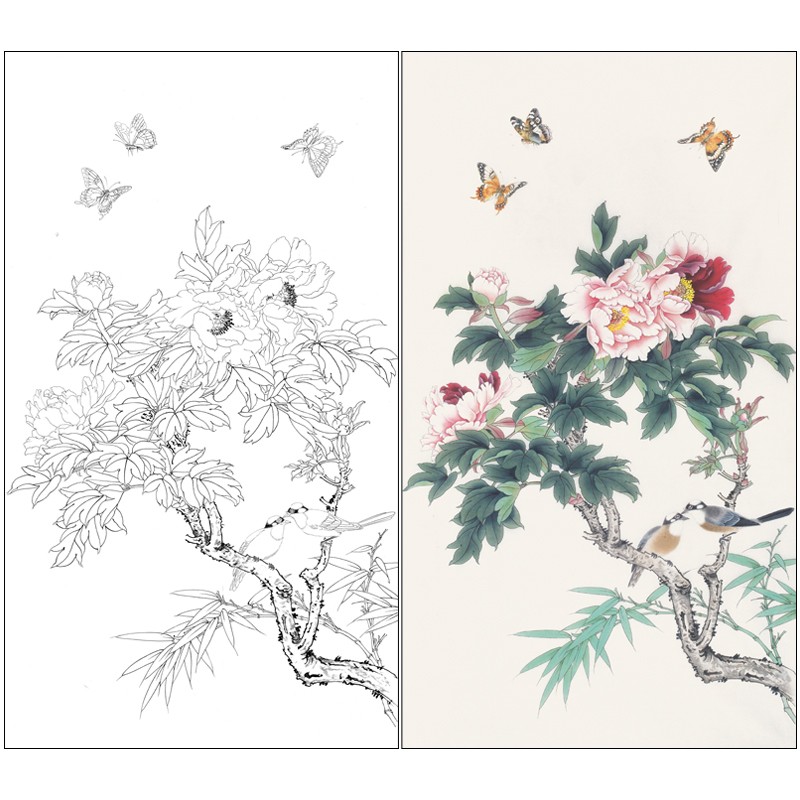 桔舍陈军工笔画白描底稿牡丹四尺原作大小66×117厘米花鸟线稿带a3
