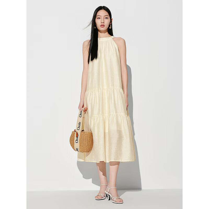 太平鸟女装挂脖连衣裙夏法式度假长裙吊带裙丁达尔小众仙女裙 米色 S