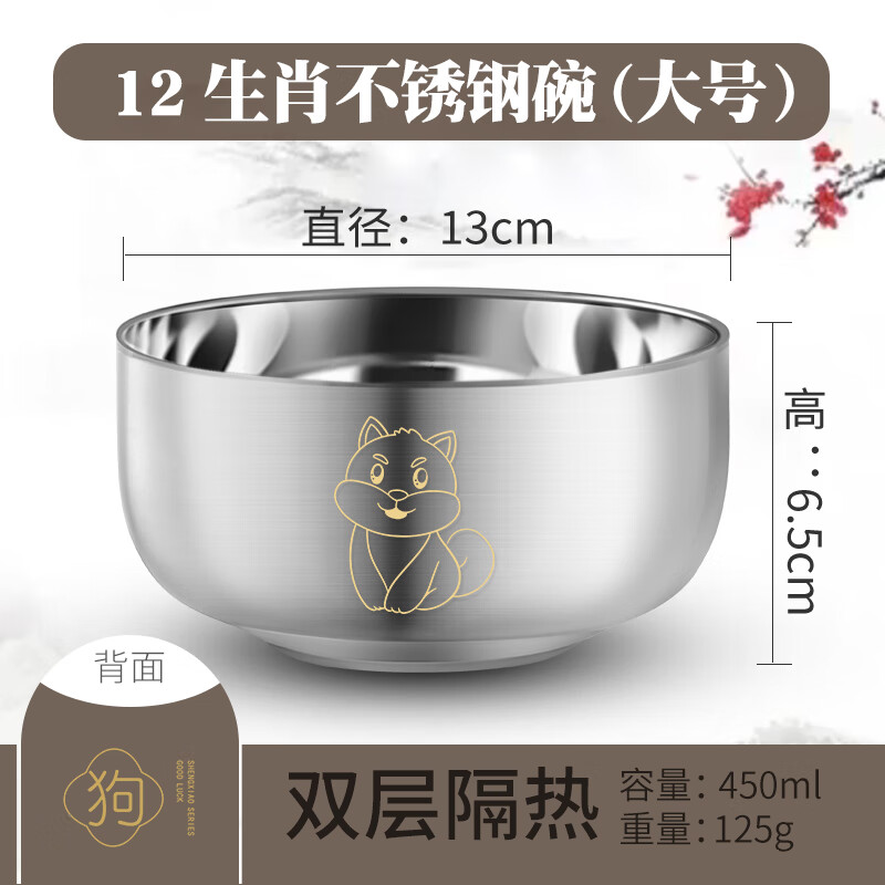 虎雀（HUQUE）寶寶生肖碗 304不銹鋼兒童吃飯碗家用食品級雙層隔熱防燙防摔鐵碗 (304)13cm(矮腳)如意碗-狗生肖