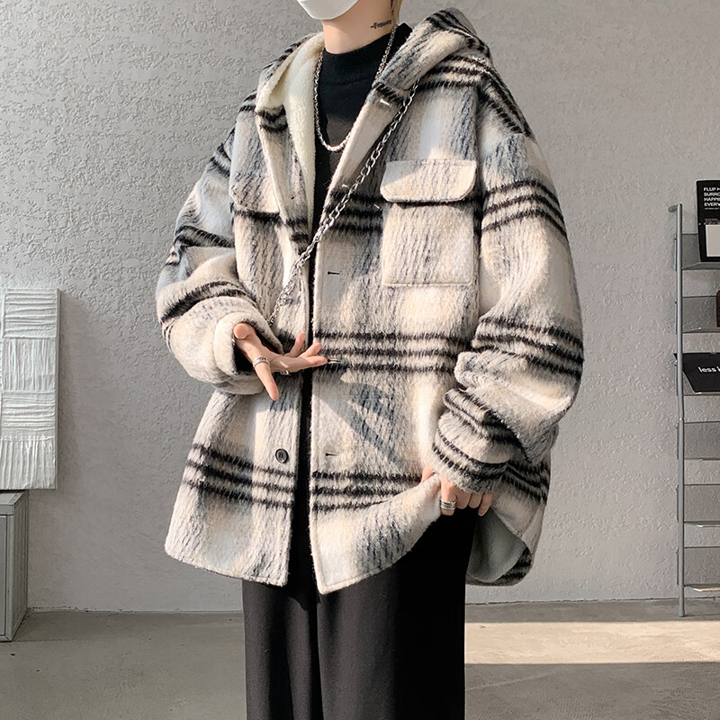 轩森图（XUANSENTU）加棉加厚毛呢外套男秋冬款小香风感痞帅潮牌宽松工装格子夹克冬季 HM08黑色连帽加绒款 加绒 L (175) （120斤至145斤可穿）