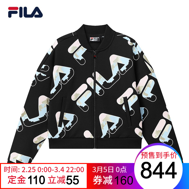 FILA 斐乐官方女士运动外套2021春季新款字母满印潮流针织外套 正黑色-BK 170/88A/L