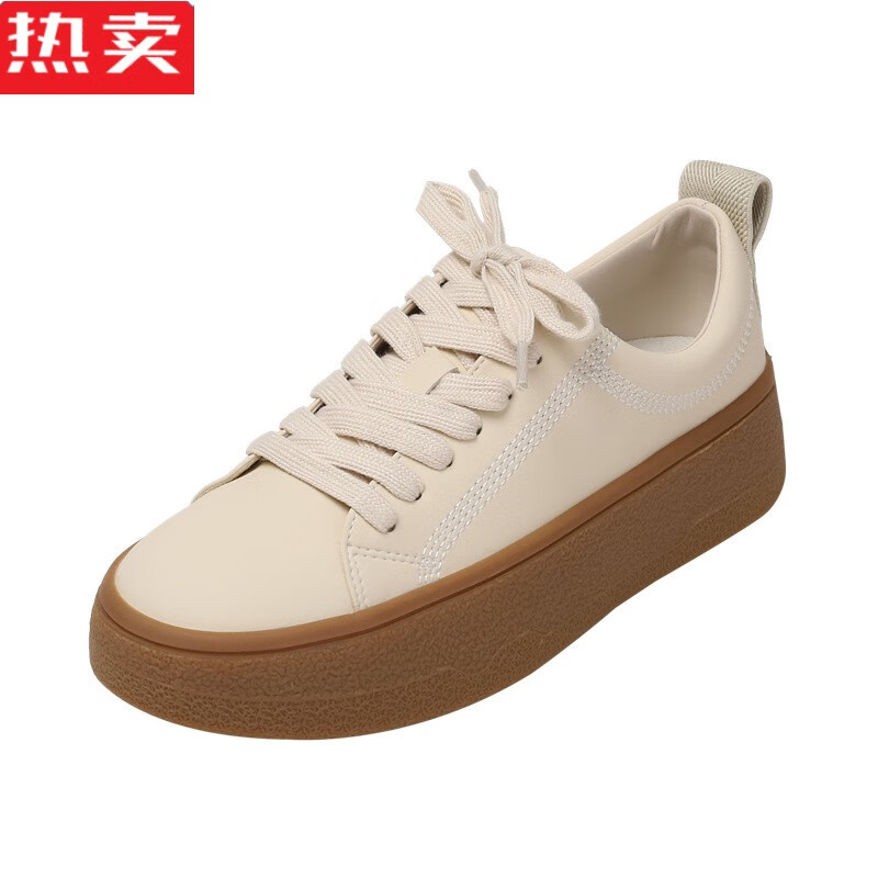 木兰旅年春季新款小白鞋女厚底单鞋百搭系带杏色平底运动休闲鞋 米色