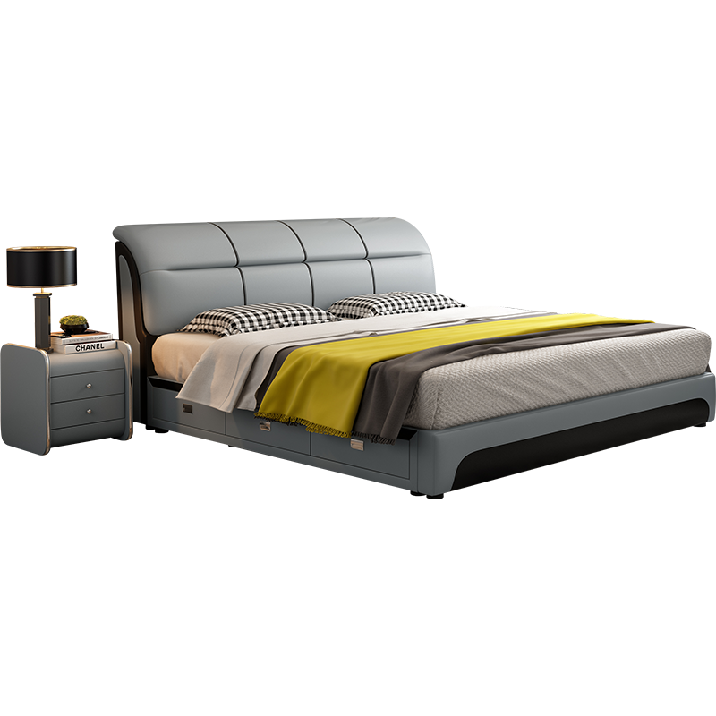 A家 皮床1.5米单人位1.8米双人位仿真皮床现代简约卧室家具多功能储物家具软靠软包床DA0142 1.8米气动款(深灰色) 单床