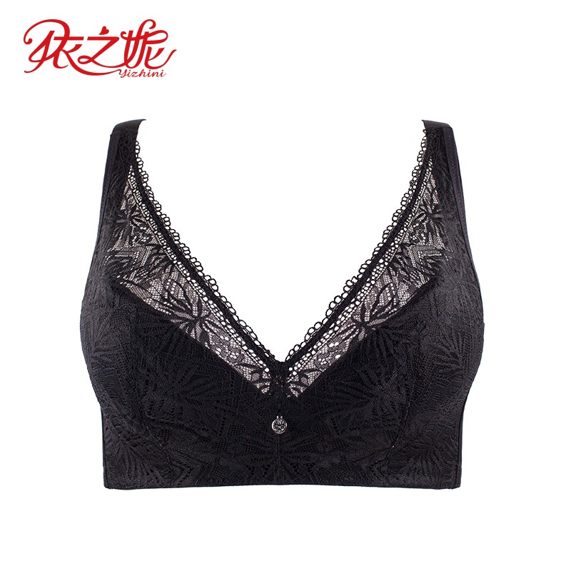 依之妮摩登内衣单层水晶杯大胸显小薄款无钢圈4排扣文胸m1312b5a 黑色