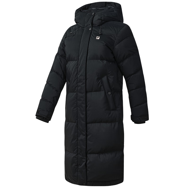 斐樂(FILA)女子長款羽絨服冬季90%鵝絨長袖保暖連帽運動過膝開衫外套上衣 深黑-BK XL