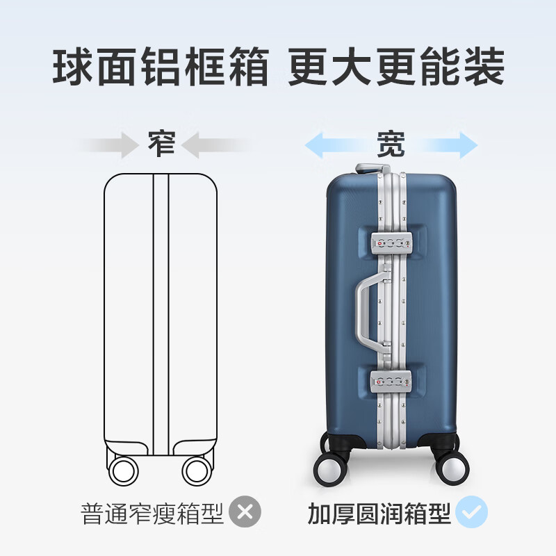 爱华仕行李箱20可登机铝框轻音飞机轮密码拉杆箱时尚耐磨商务行李箱 磨砂海港蓝【便捷通关款】 20英寸 登机箱