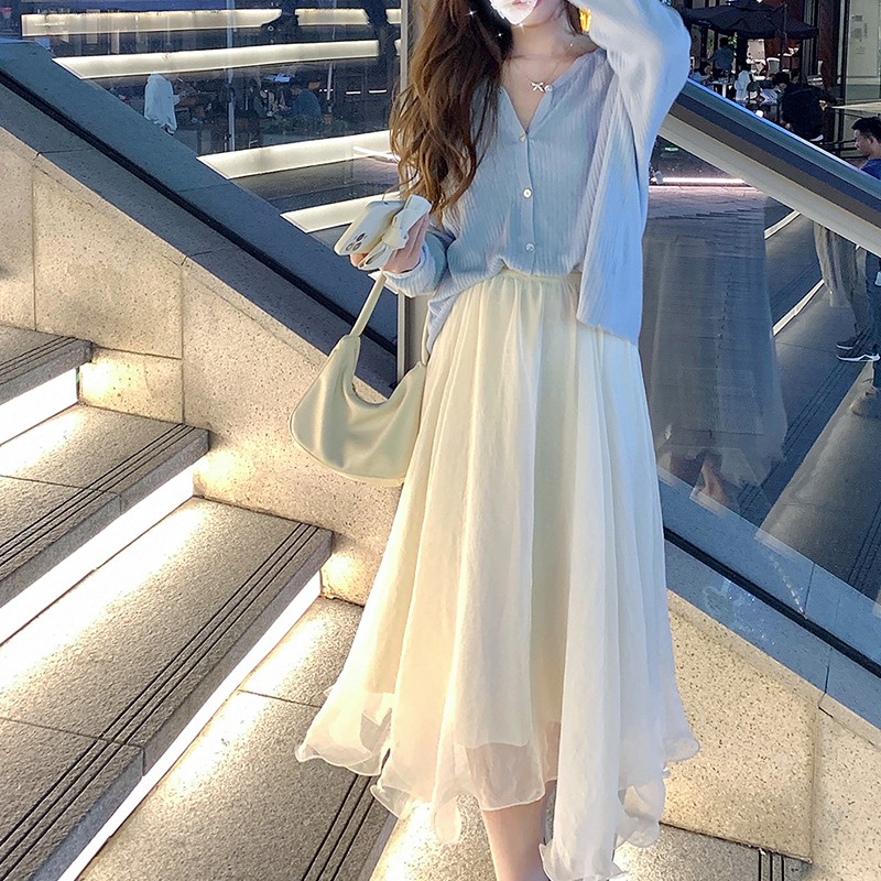 梵诗哲品牌 高腰网纱半身裙女中长款春夏新款小个子a字仙女裙学生显瘦