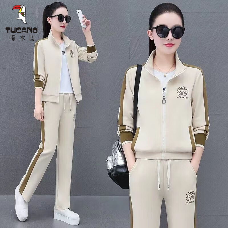 啄木鸟官方女运动服套装春秋款洋气中老年修身遮肚妈妈装立领宽松三