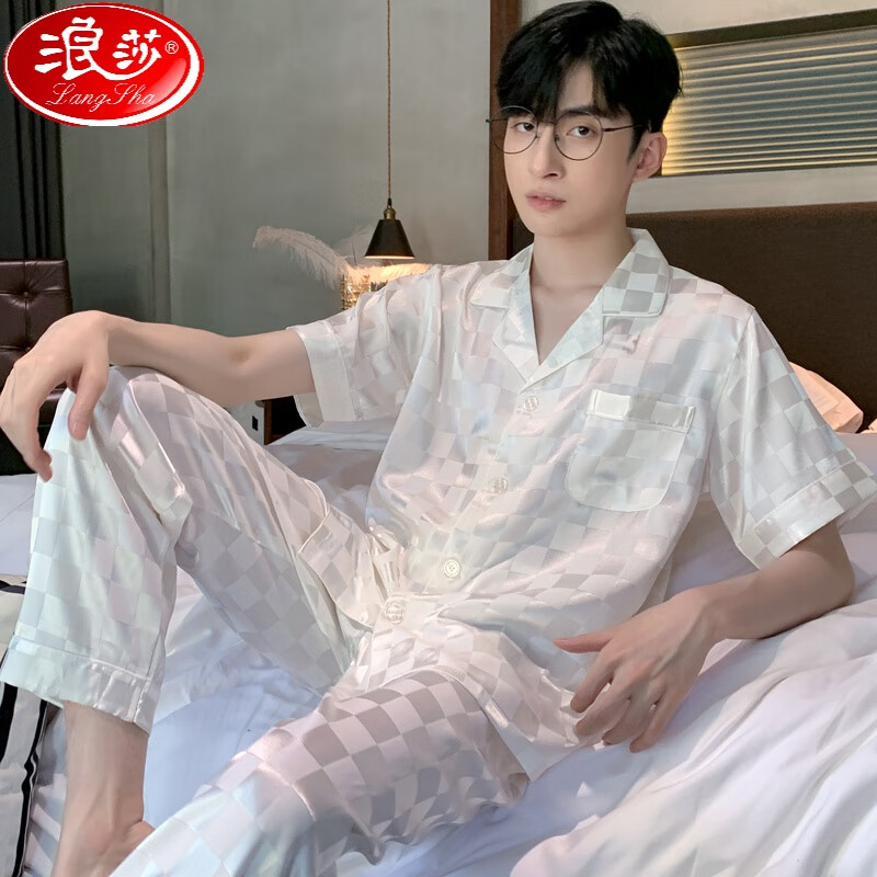 浪莎（LangSha）薄款睡衣男春秋季高级感冰真丝绸夏天短袖长裤家居服套装男士轻奢 方格白色-款-短-袖长裤 XL 男(140-160斤)